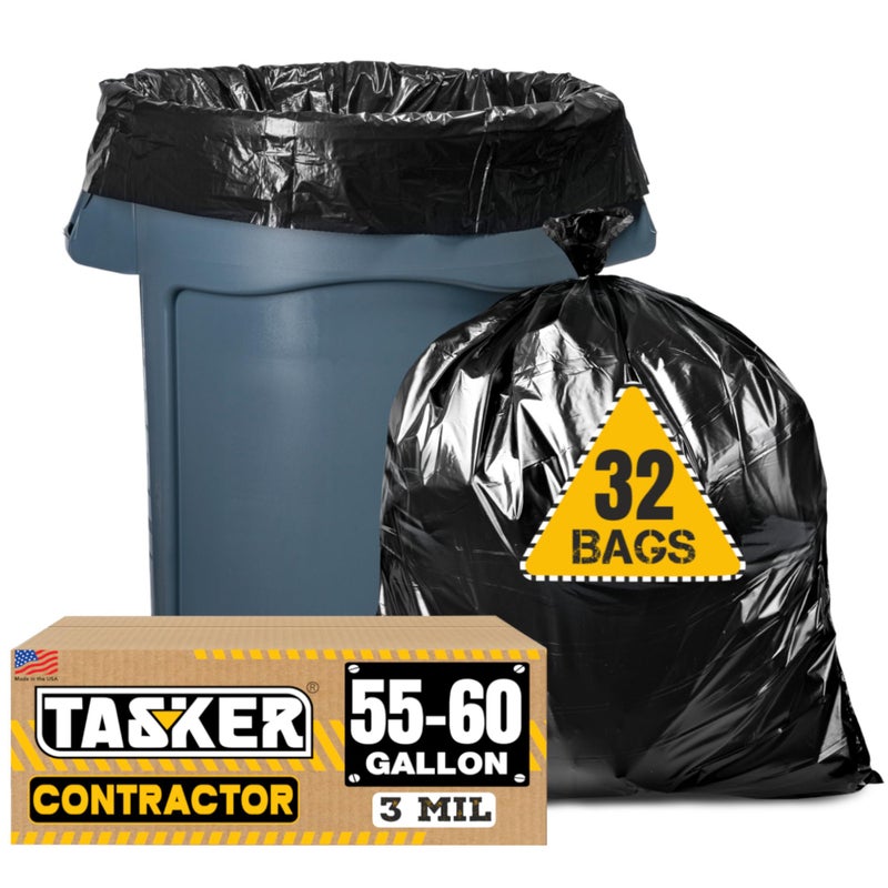 Tasker Contractor Garbage Bags 55 Gallon 3 Mil Heavy Duty (32 Bags w/Ties) 60 Gal Contractor Bags 3 Mil. 55 Gallon Heavy Duty X-Large Black Trash Bags 50 Gal, - Image 1