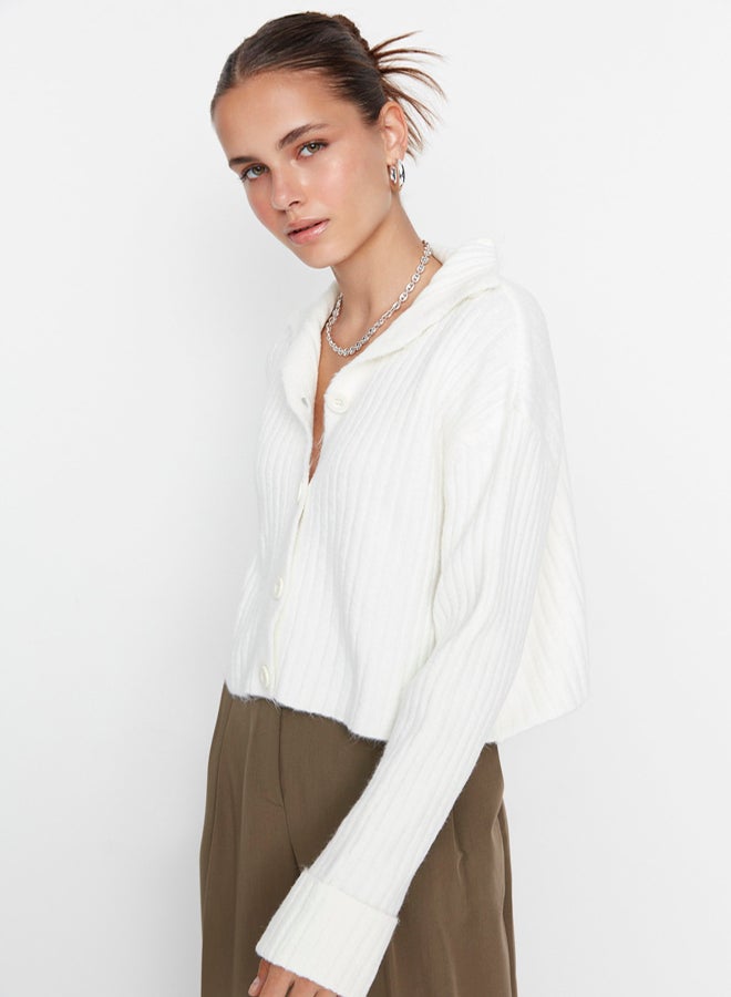 trendyol Ecru Crop Soft Textured High Neck Knitwear Cardigan - Image 3