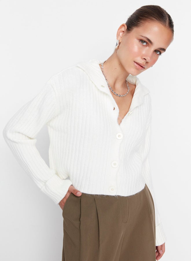 trendyol Ecru Crop Soft Textured High Neck Knitwear Cardigan - Image 1