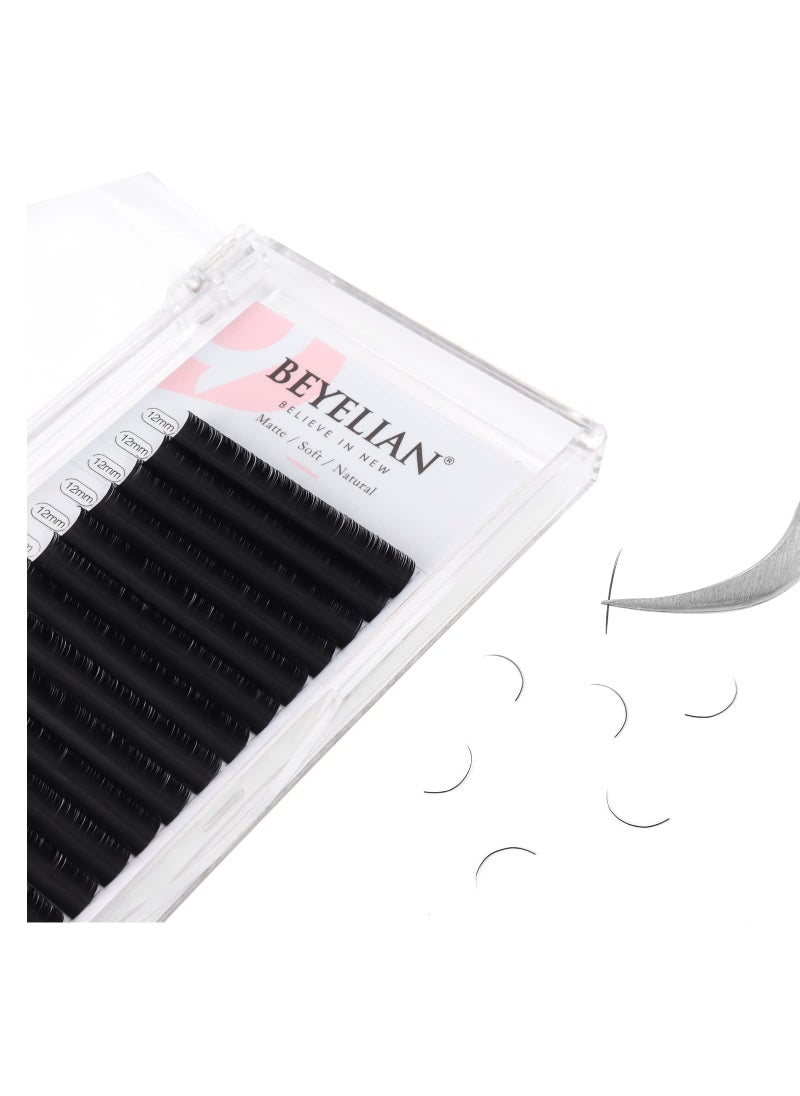 BEYELIAN BEYELIAN Flat Eyelash Extension, Ellipse Lash Extensions 0.20 C Curl 12mm 16 Rows Matte Black Eyelash Extension Supplies Classic Lash Extensions Individual Eyelashes Salon Use 