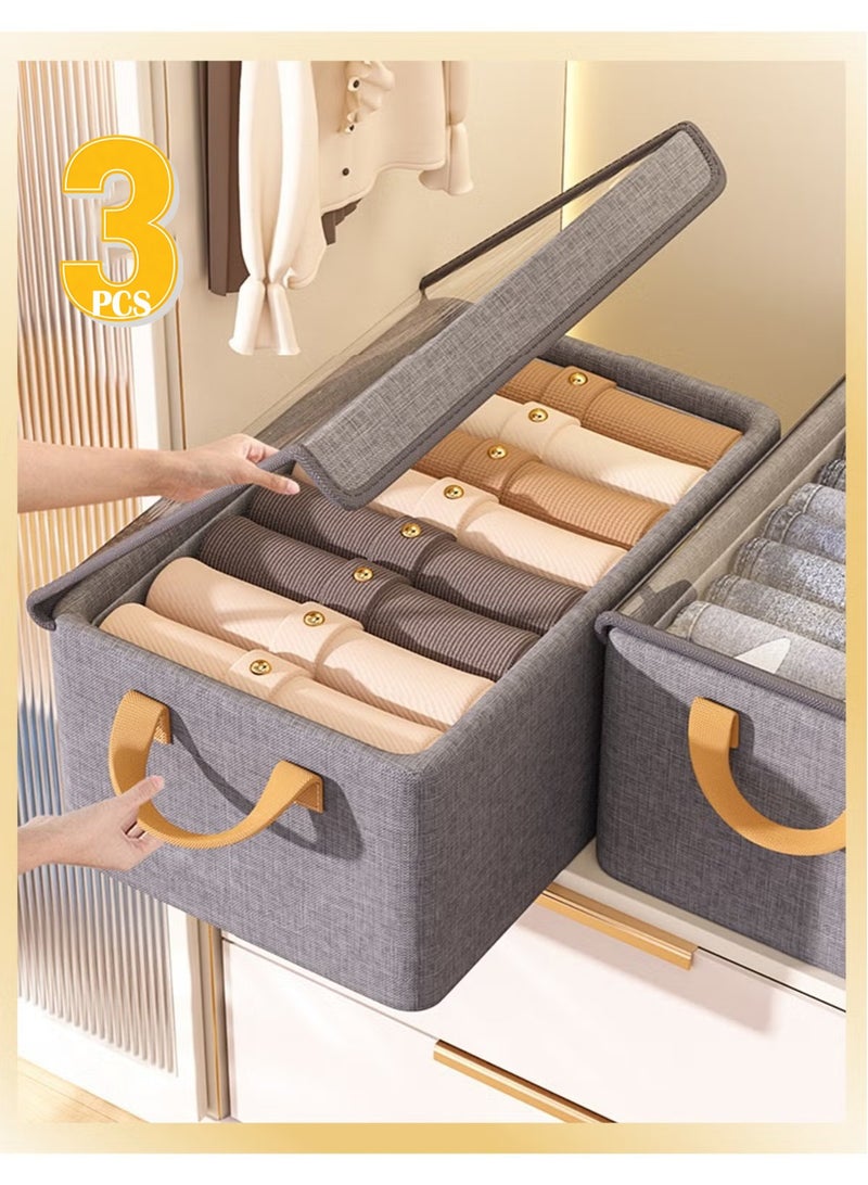 BOUND MOAT 3 PCS Wardrobe Clothes Organizer - Foldable Cube Storage Bin with Supporting Steel Frame and Dust Cover, Washable, Suitable for Clothing, Jeans, Etc. Drawer Storage Box with Handle, Suitable for Home, Bedroom, and Office (Grey) - Image 1