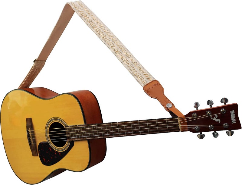 MUSIC FIRST Vintage Lace & Genuine Leather Guitar Strap - Cream - Image 3