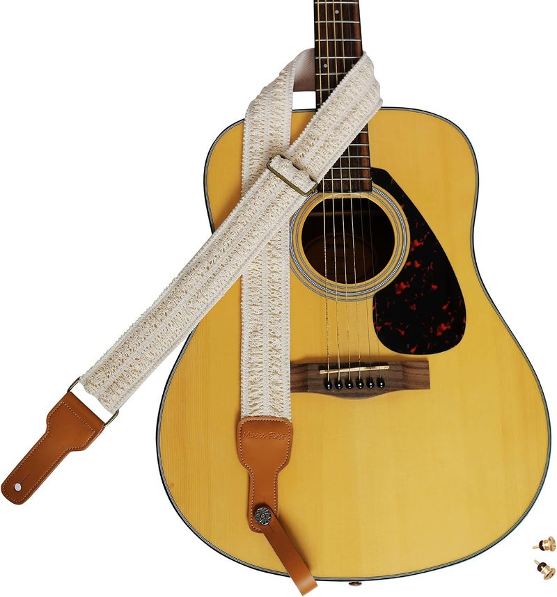 MUSIC FIRST Vintage Lace & Genuine Leather Guitar Strap - Cream - Image 1