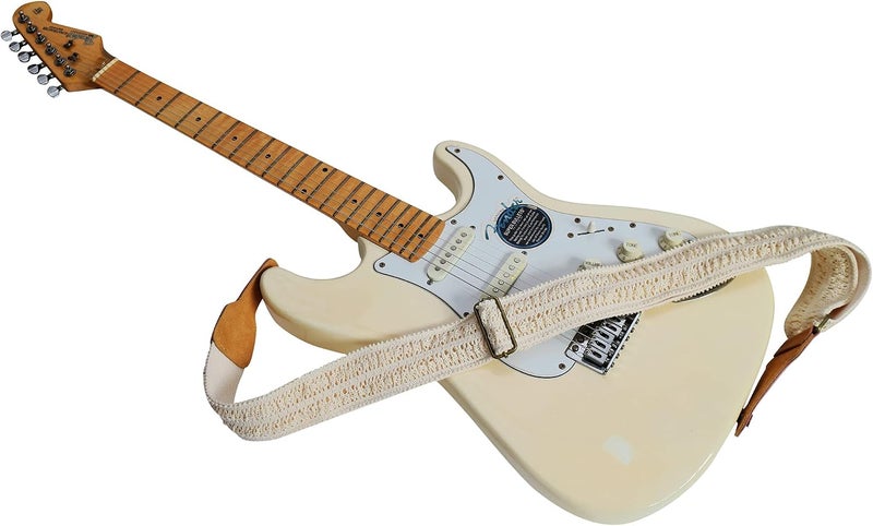 MUSIC FIRST Vintage Lace & Genuine Leather Guitar Strap - Cream - Image 4