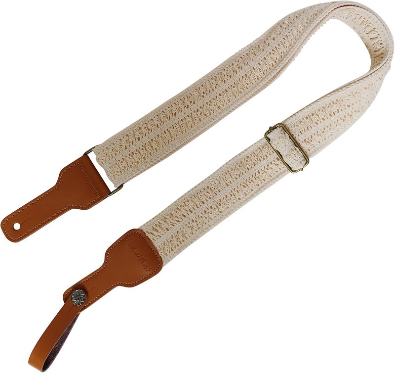 MUSIC FIRST Vintage Lace & Genuine Leather Guitar Strap - Cream - Image 5