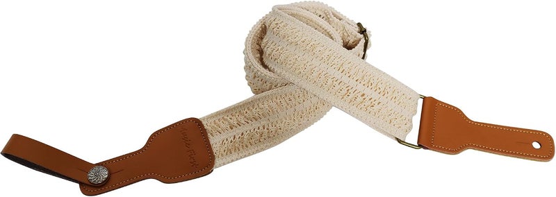 MUSIC FIRST Vintage Lace & Genuine Leather Guitar Strap - Cream - Image 2