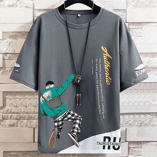Color matching cartoon printed short-sleeved T-shirt men's summer loose t-shirt half-sleeved T-shirt youth top men's bottoming shirt - Image 1
