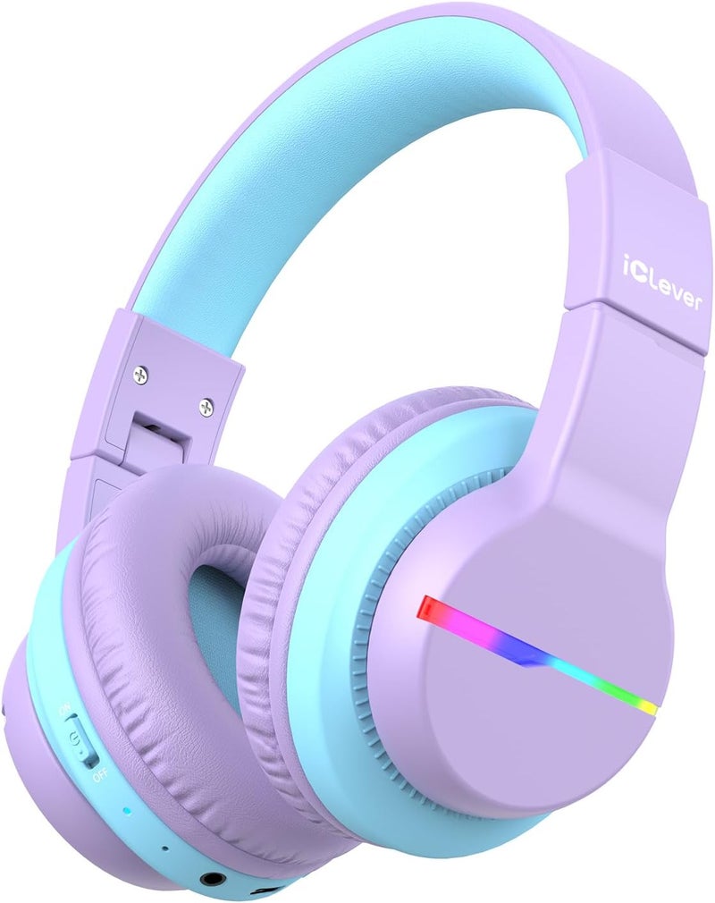 iClever Bluetooth Kids Headphones, BTH12 Colorful LED Lights Kids Wireless Headphones Over Ear with 74/85/94dB Volume Limited, 55H Playtime, Bluetooth 5.2, Built-in Mic for School/Tablet/PC - Image 1