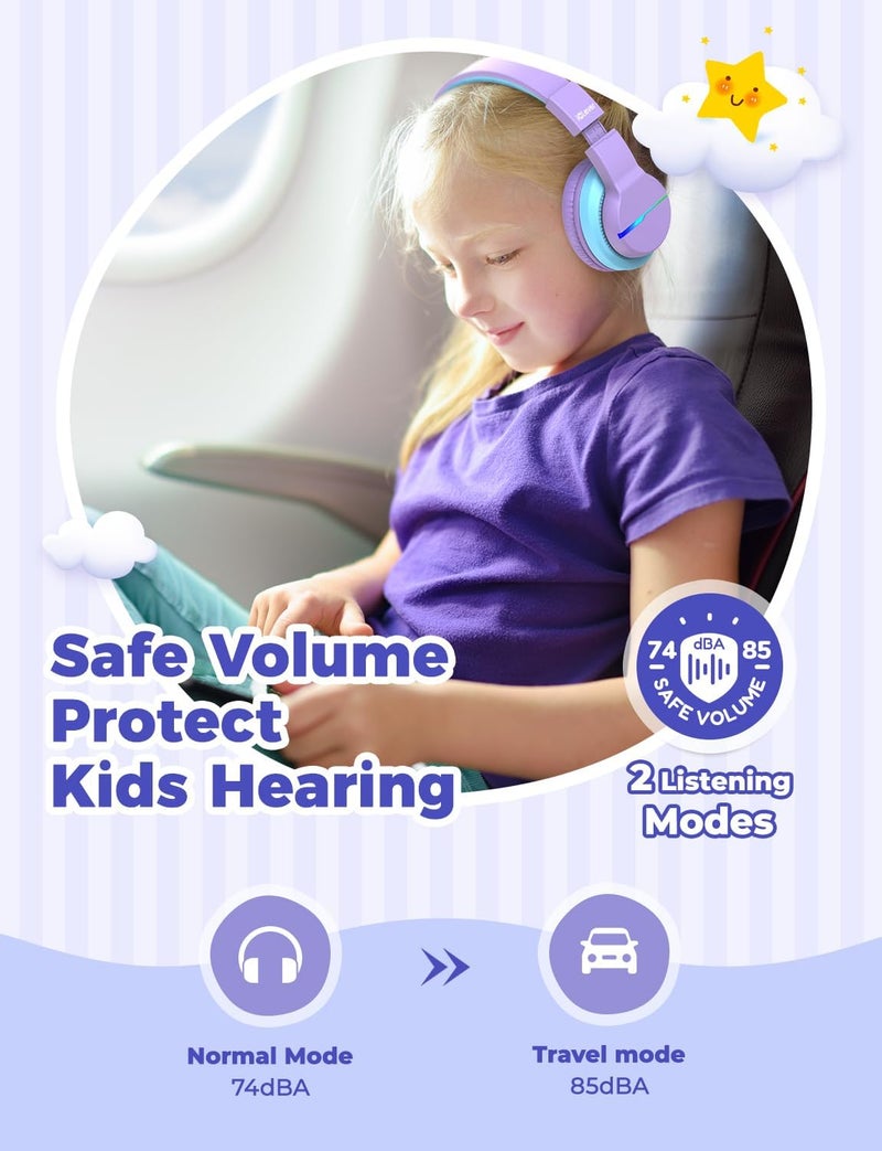 iClever Bluetooth Kids Headphones, BTH12 Colorful LED Lights Kids Wireless Headphones Over Ear with 74/85/94dB Volume Limited, 55H Playtime, Bluetooth 5.2, Built-in Mic for School/Tablet/PC - Image 3