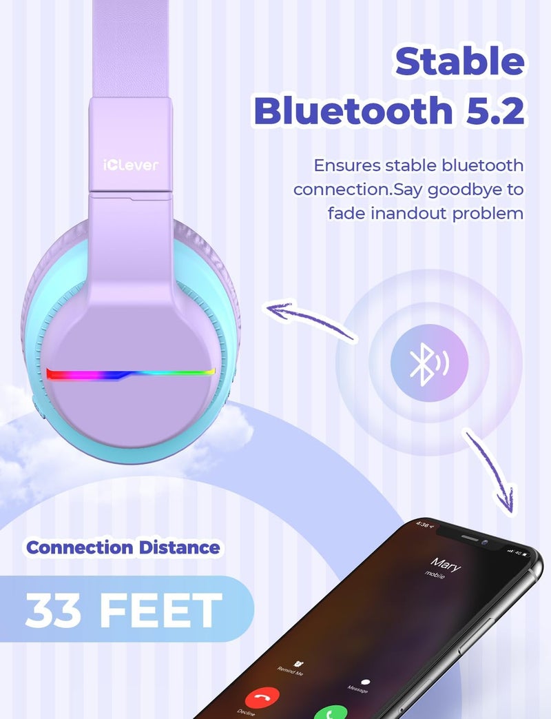 iClever Bluetooth Kids Headphones, BTH12 Colorful LED Lights Kids Wireless Headphones Over Ear with 74/85/94dB Volume Limited, 55H Playtime, Bluetooth 5.2, Built-in Mic for School/Tablet/PC - Image 5