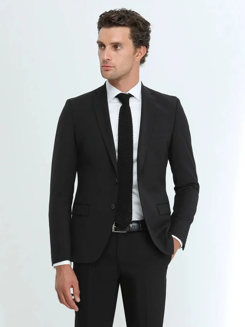 Kip Black Plain Slim Fit Wool Blended Suit