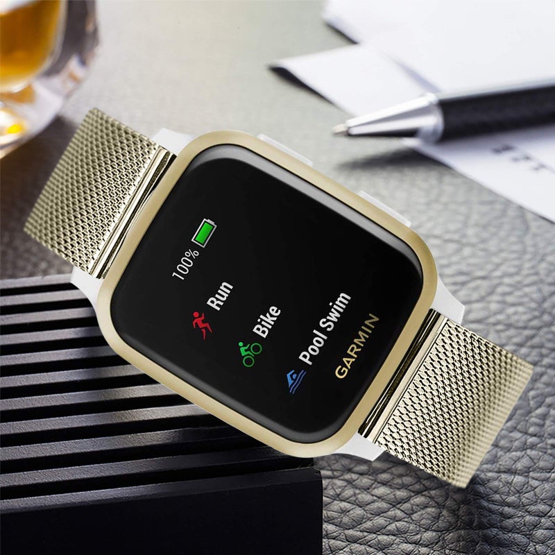 TRUMiRR Watch Band for Venu Sq/Venu Sq 2 / Venu 2 Plus 43mm  Mesh Woven Stainless Steel Watchband Light Gold Strap Replacement for Garmin Vivoactive 5 / Vivoactive 3 Smartwatch - Image 4
