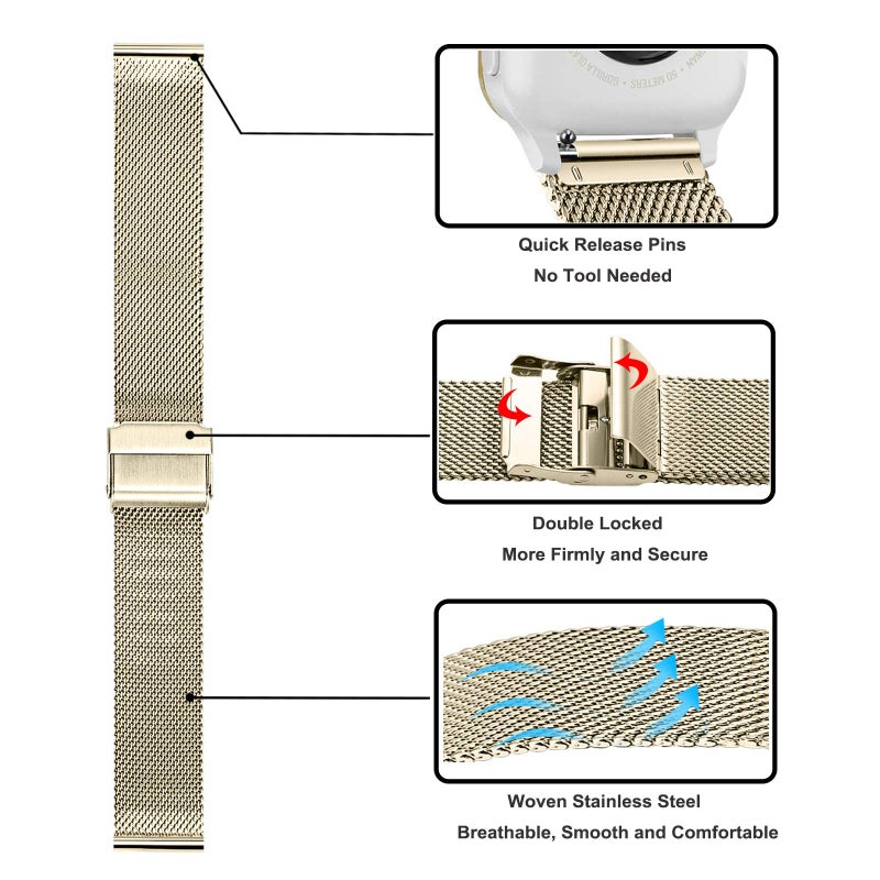 TRUMiRR Watch Band for Venu Sq/Venu Sq 2 / Venu 2 Plus 43mm  Mesh Woven Stainless Steel Watchband Light Gold Strap Replacement for Garmin Vivoactive 5 / Vivoactive 3 Smartwatch - Image 3