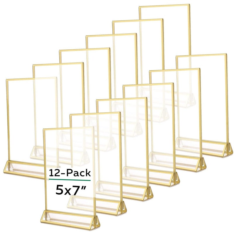 TonGass 12Pack 5x7 Standard DoubleSided Acrylic Wedding Table Numbers Picture Frames Clear Sign Holders with 3mm Gold Border  Vertical Stand
