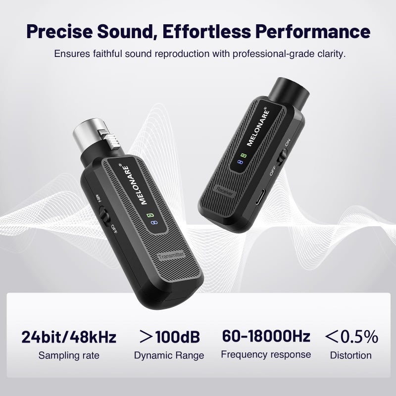Melonare Plug on UHF 900MHz XLR Wireless Microphone Adapter, XLR Wireless Audio Transmitter & Receiver System, 164ft Range, +48V Phantom Power for Mic, Audio Mixer and PA Setup (MX-1) - Image 3