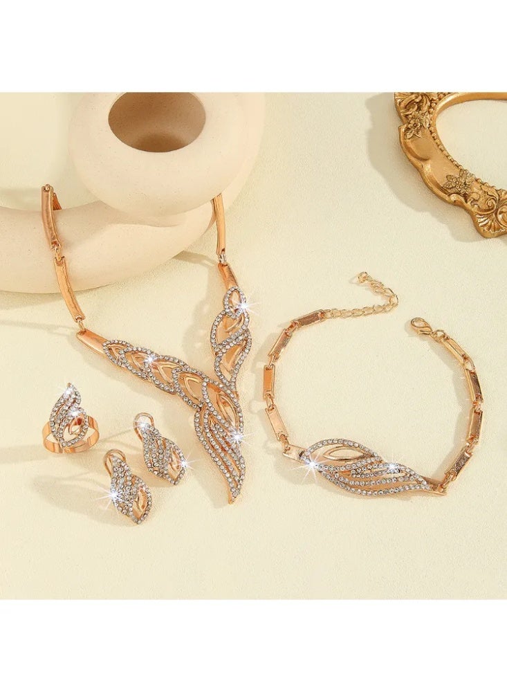 Ladies' Wedding Fashion Diamond Gold Leaf Jewelry Four Piece Set - Image 5