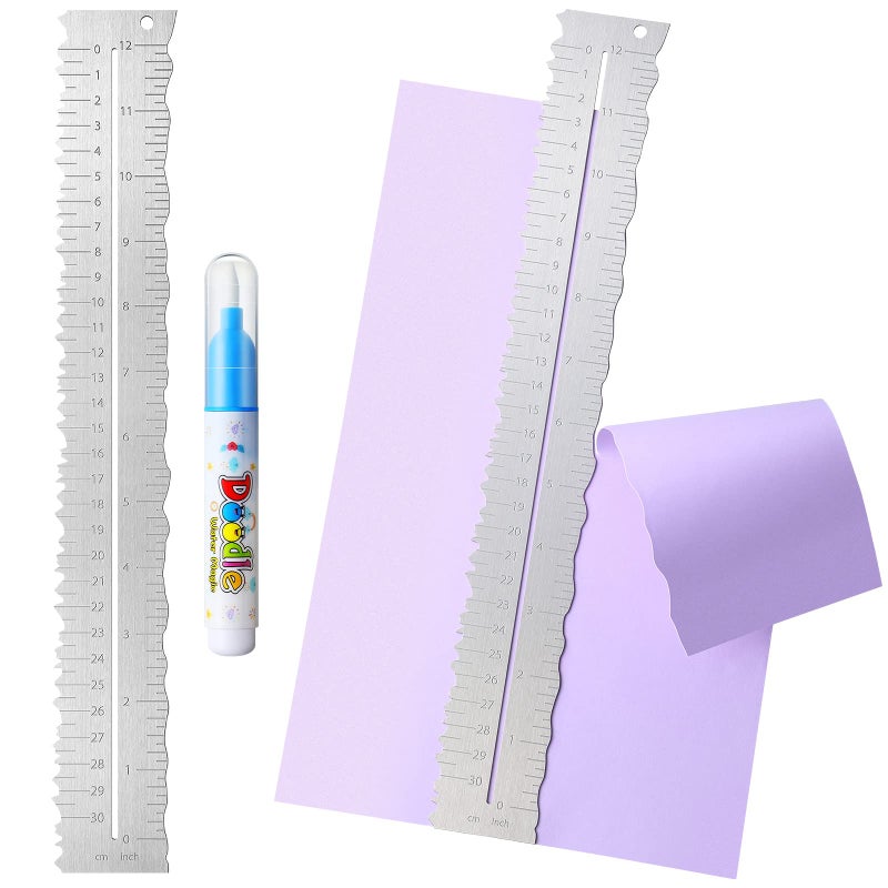 Geyee Metal Paper Tearing Ruler Deckle Edge Craft Ruler for Cutting Paper Stainless Steel 12 Inches Cut Tool Irregular Edges Measuring Tool with Water Pen for School Scrapbook