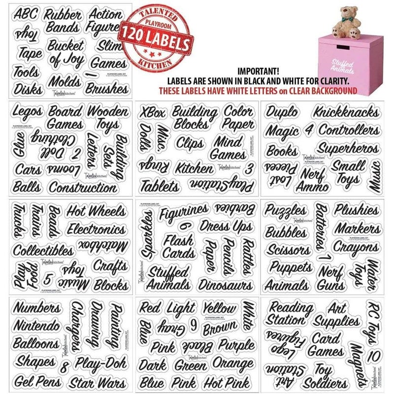 Talented Kitchen Playroom Organization Labels - 120 White Preprinted Stickers for Bins  Containers  Folders  Cubbies - Water Resistant Toy Storage & Craft Supplies Labels - Image 2