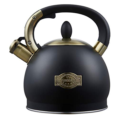 LUXGRACE Stove Top Whistling Tea Kettle- Stainless Steel Teakettle Teapot with Ergonomic Handle 2.6 Quart(Black) - Image 1