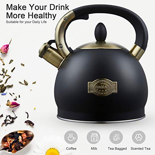 LUXGRACE Stove Top Whistling Tea Kettle- Stainless Steel Teakettle Teapot with Ergonomic Handle 2.6 Quart(Black) - Image 2