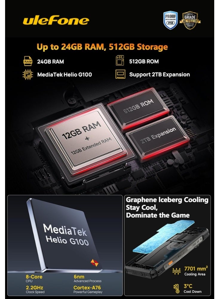 أوليفون هاتف أرمور 30 4G أندرويد 15 المتين | 12GB+512GB | شاشة 6.95" FHD 120Hz | كاميرا 64MP رؤية ليلية + 50MP + 50MP + 32MP، 12800mAh 66W، هالة لا نهائية، IP68/IP69K/NFC | أسود - Image 4