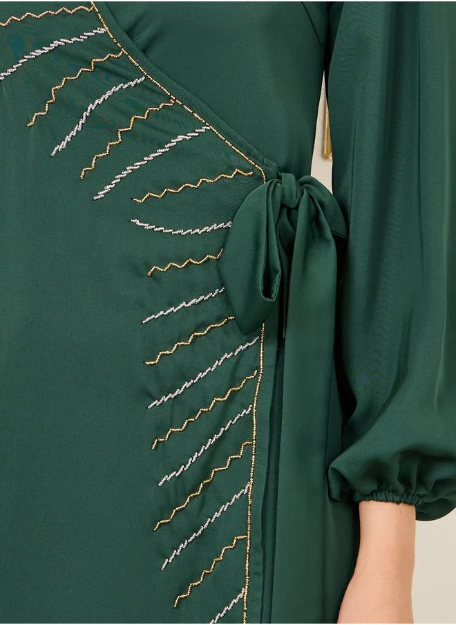 Styli Beaded Detail A-Line Wrap Midi Dress