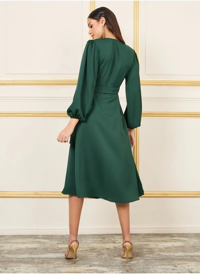 Styli Beaded Detail A-Line Wrap Midi Dress