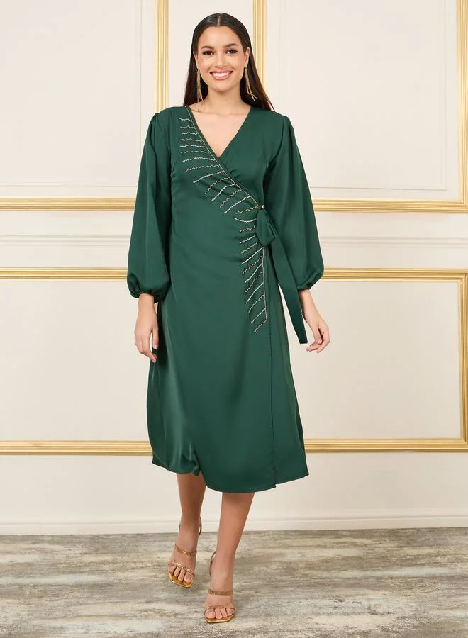 Styli Embroidered Wrap Dress