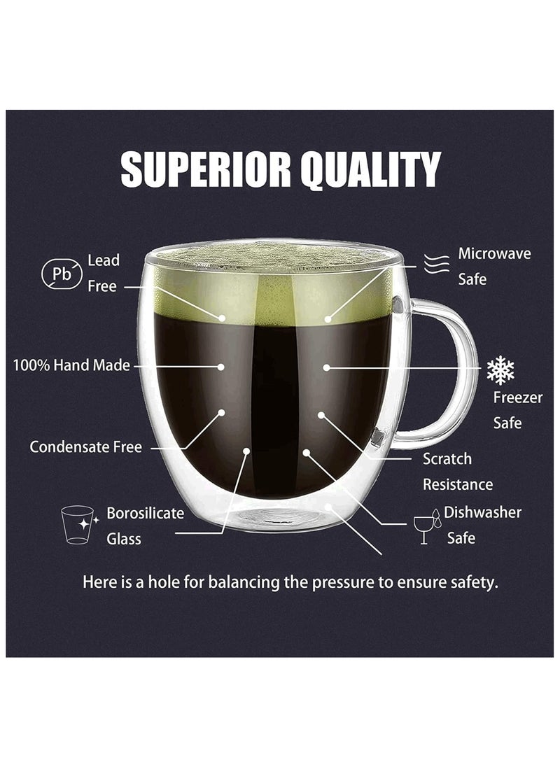 Double Walled Glass Coffee Mugs with Handle Insulated Layer Coffee Cups Clear Borosilicate Glass Mugs Perfect for Cappuccino Tea Espresso Hot Beverage Microwave Safe (2 PCs)