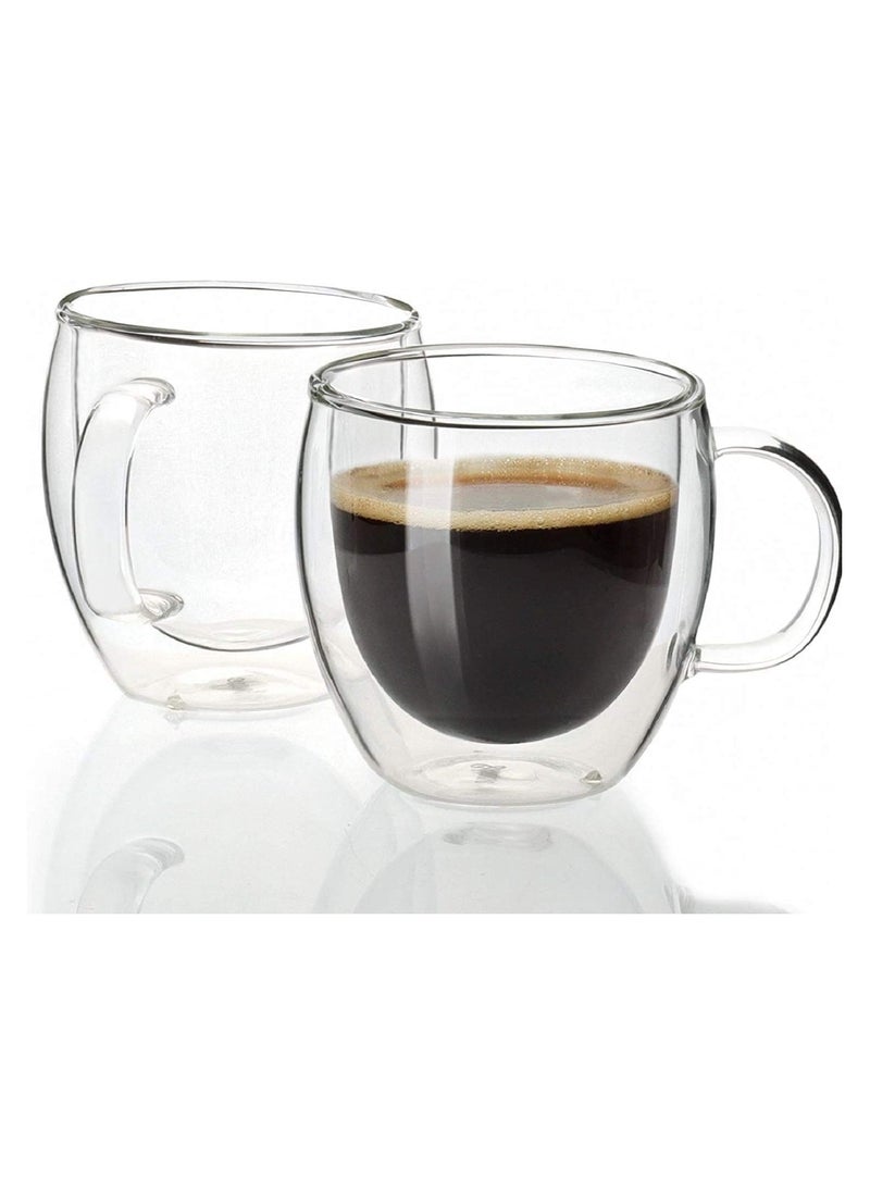 Double Walled Glass Coffee Mugs with Handle Insulated Layer Coffee Cups Clear Borosilicate Glass Mugs Perfect for Cappuccino Tea Espresso Hot Beverage Microwave Safe (2 PCs)