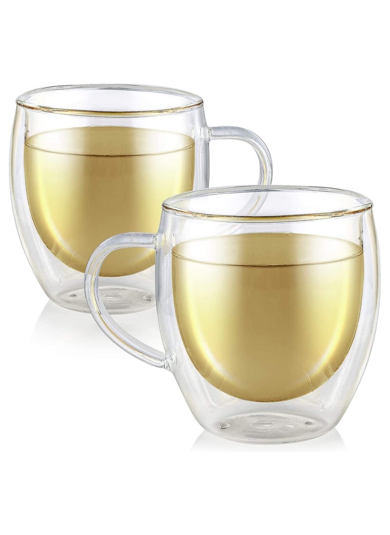 Double Walled Glass Coffee Mugs with Handle Insulated Layer Coffee Cups Clear Borosilicate Glass Mugs Perfect for Cappuccino Tea Espresso Hot Beverage Microwave Safe (2 PCs)