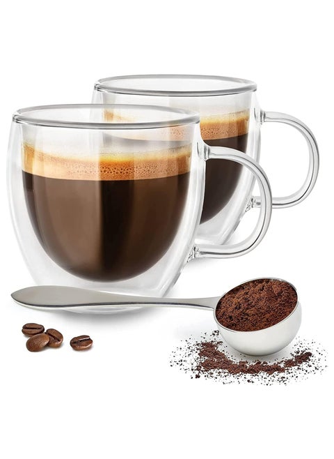Double Walled Glass Coffee Mugs with Handle Insulated Layer Coffee Cups Clear Borosilicate Glass Mugs Perfect for Cappuccino Tea Espresso Hot Beverage Microwave Safe (2 PCs)