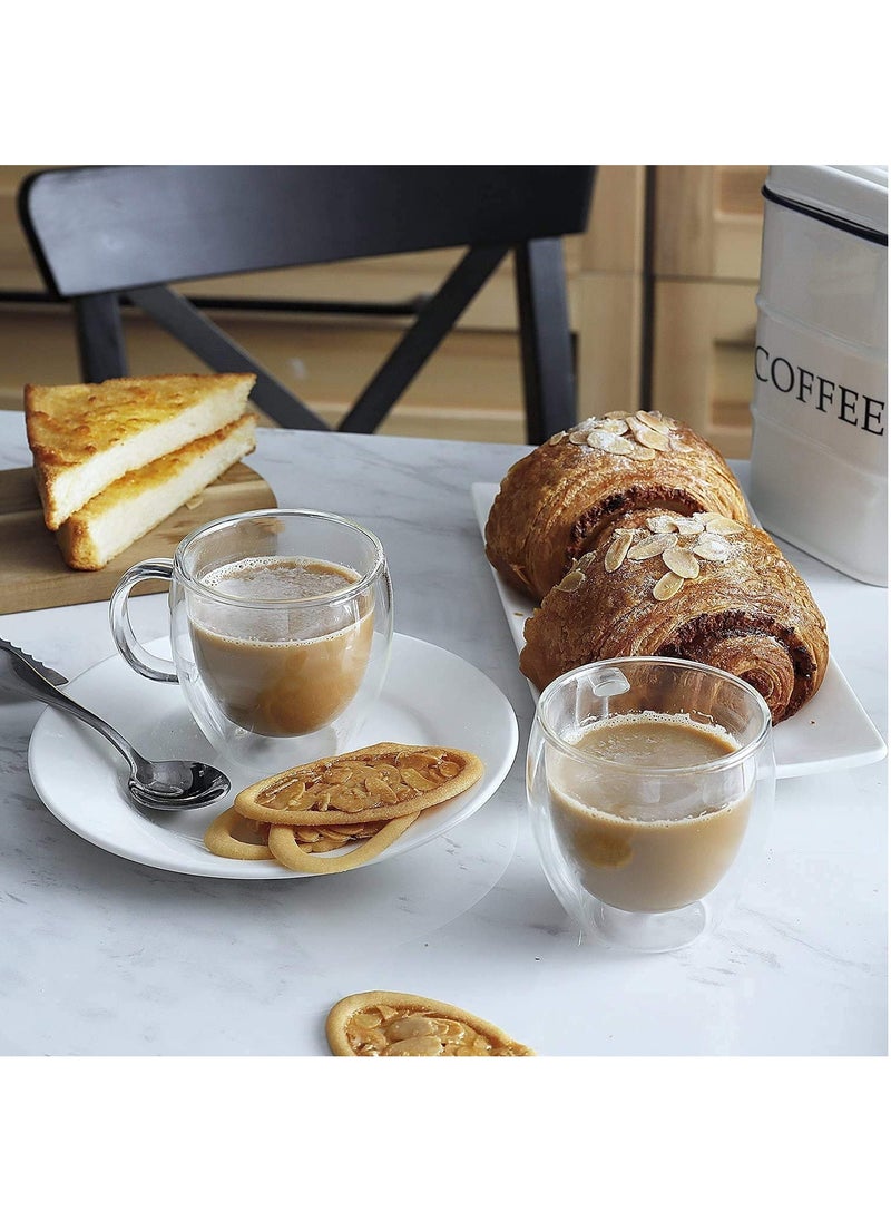 Double Walled Glass Coffee Mugs with Handle Insulated Layer Coffee Cups Clear Borosilicate Glass Mugs Perfect for Cappuccino Tea Espresso Hot Beverage Microwave Safe (2 PCs)