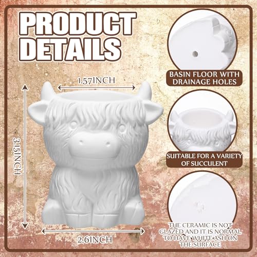 Beeveer 6 Pcs Ready to Paint Your Own Highland Cow Succulent Ceramic Pots Unpainted Ceramics Cartoon Cow Shaped Flower Pots DIY Kit Planter Container with Drainage Hole for Home and Office Decoration - Image 3