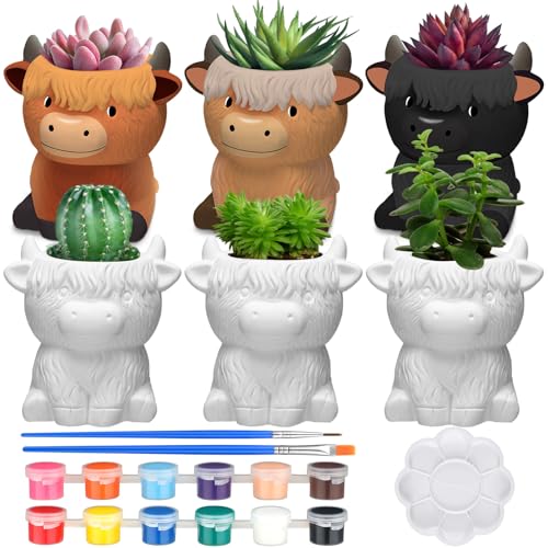 Beeveer 6 Pcs Ready to Paint Your Own Highland Cow Succulent Ceramic Pots Unpainted Ceramics Cartoon Cow Shaped Flower Pots DIY Kit Planter Container with Drainage Hole for Home and Office Decoration - Image 1