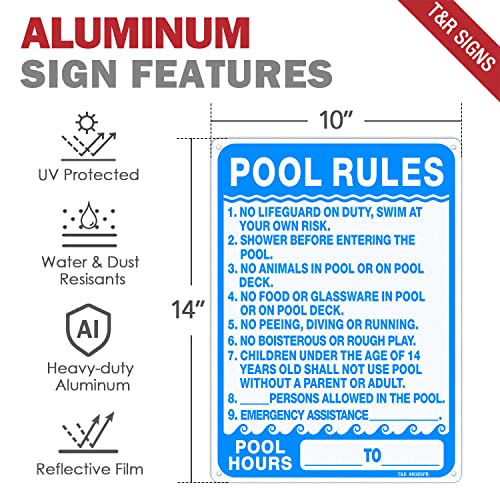 TR T&R Pool Rules Sign, Pool Sign - 2 Pack - 14"x10" .040 Rust Free Heavy Aluminum, Reflective, Waterproof, Weatherproof and Fade Resistant, 4 pre-drilled holes, Easy to Mount - Image 2