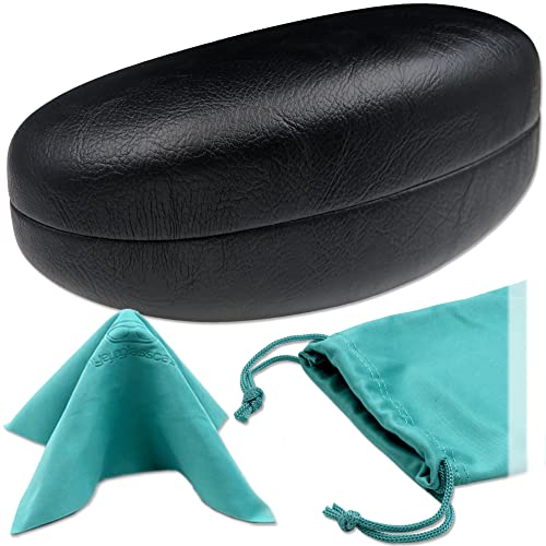 MyEyeglassCase Hard Sunglasses Case in Black Distressed faux leather – Large Glasses Holder Fits oversized curved Frames with pouch & cleaning Cloth (AS413 Black2) - Image 1