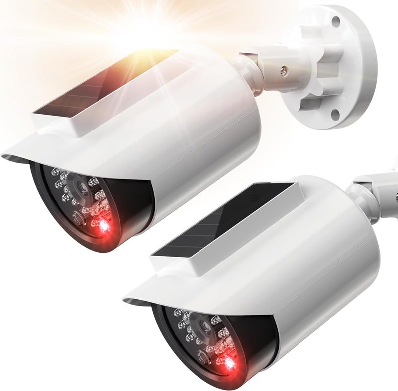 BNT Solar Powered Fake Security Camera, Bullet Shape Fake Surveillance Camera with Red LED Light for Night, Security Warning Sticker, for Outdoor Safety Alert (White 2Pack,Battery not Included) - Image 1