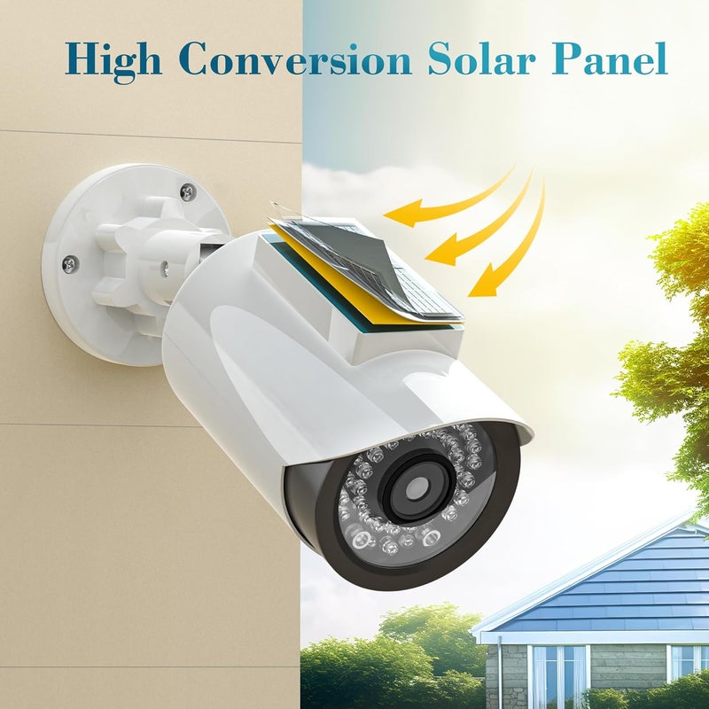 BNT Solar Powered Fake Security Camera, Bullet Shape Fake Surveillance Camera with Red LED Light for Night, Security Warning Sticker, for Outdoor Safety Alert (White 2Pack,Battery not Included) - Image 3
