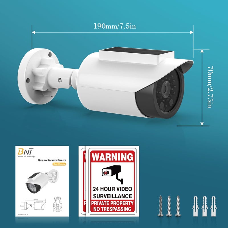 BNT Solar Powered Fake Security Camera, Bullet Shape Fake Surveillance Camera with Red LED Light for Night, Security Warning Sticker, for Outdoor Safety Alert (White 2Pack,Battery not Included) - Image 2
