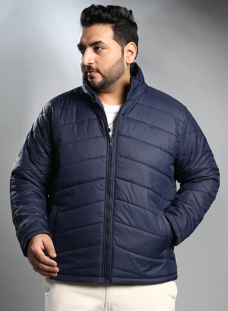 Instafab Plus Instafab Plus Men's Navy Blue Chevron Quilted Jacket For Casual Wear | High Neck | Long Regular Sleeves | Zipper Closure | Plus Size Shirt Crafted With Comfort Fit For Everyday Wear