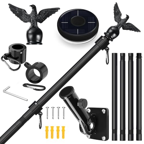 LETSTRY 5FT Flag Pole Kit for House with Solar Light and Adjustable Bracket 1 Thickened Stainless Steel Outside Wall Mount Flagpole for 3x5 American Flag for Residential Outdoor or Porch Black - Image 1