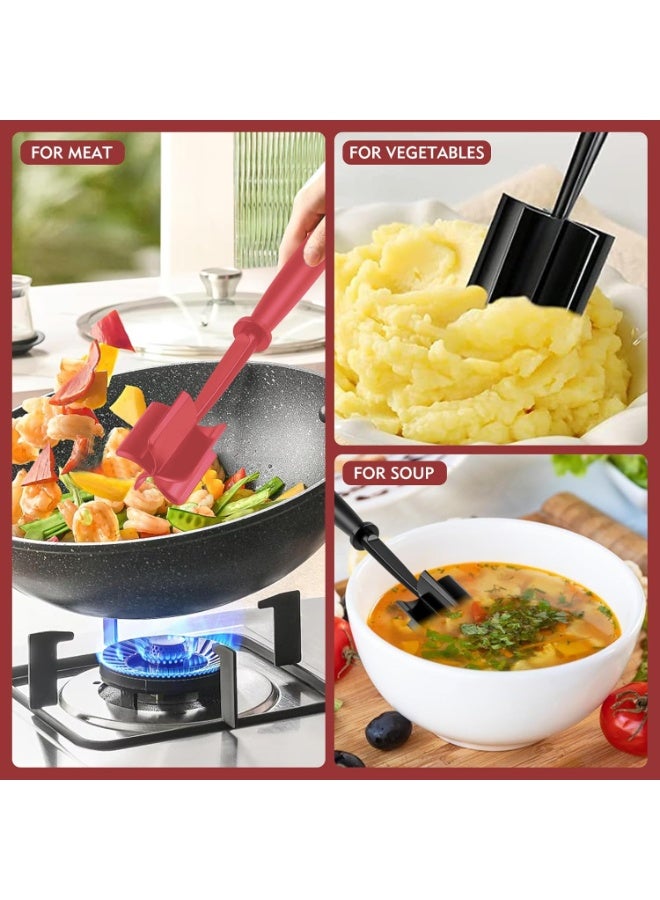 SUNSAR 2Pcs Meat Chopper,Heat Resistant Potato Masher Meat Chopper, Versatile Nylon Non-Stick Meat Smasher, Black+Red - Image 4