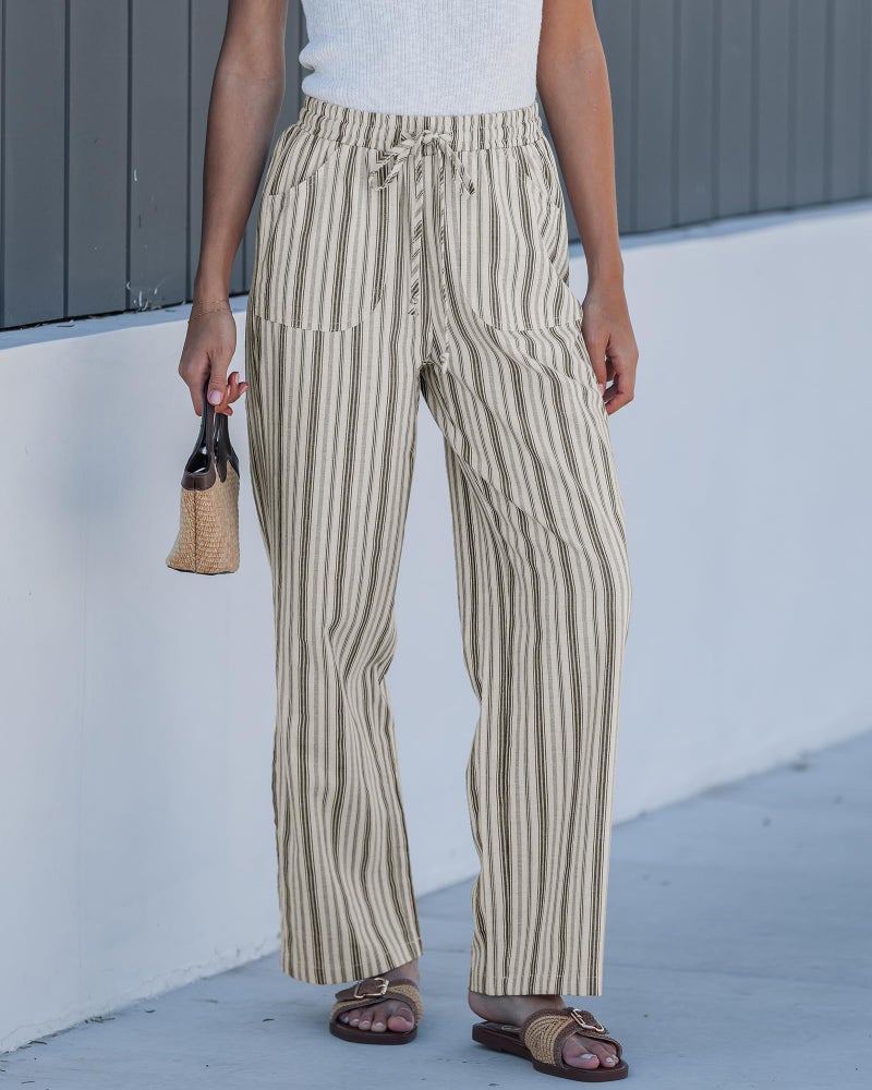 GRAPENT Ladies Pants Summer Clothes for Women Women's Wide Leg Womens Linen Pull On Striped Striped Cotton Linen Pants, Light Beige Stripe, L, US Size 12 to 14 - Image 2