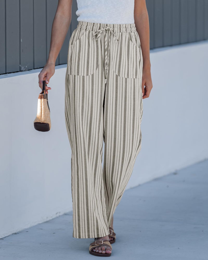 GRAPENT Ladies Pants Summer Clothes for Women Women's Wide Leg Womens Linen Pull On Striped Striped Cotton Linen Pants, Light Beige Stripe, L, US Size 12 to 14 - Image 3