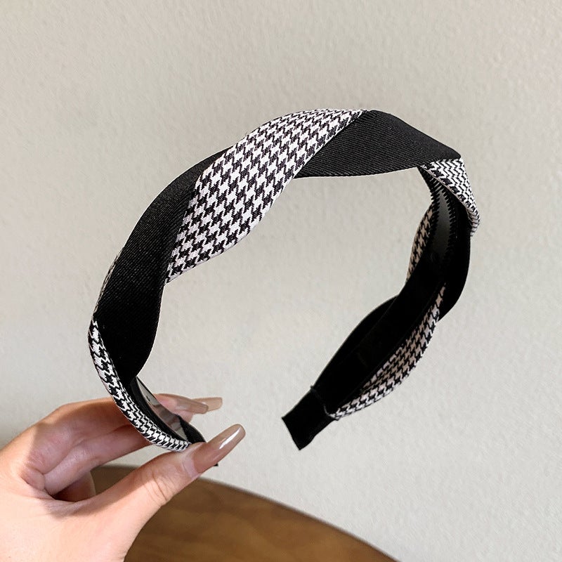 Vintage High-end Sense Twist Hair Band Korean Internet-famous Womens Hair Bundled Adult Wide-brimmed Hair Band Hair Band Hair Clip High Head Black houndstooth