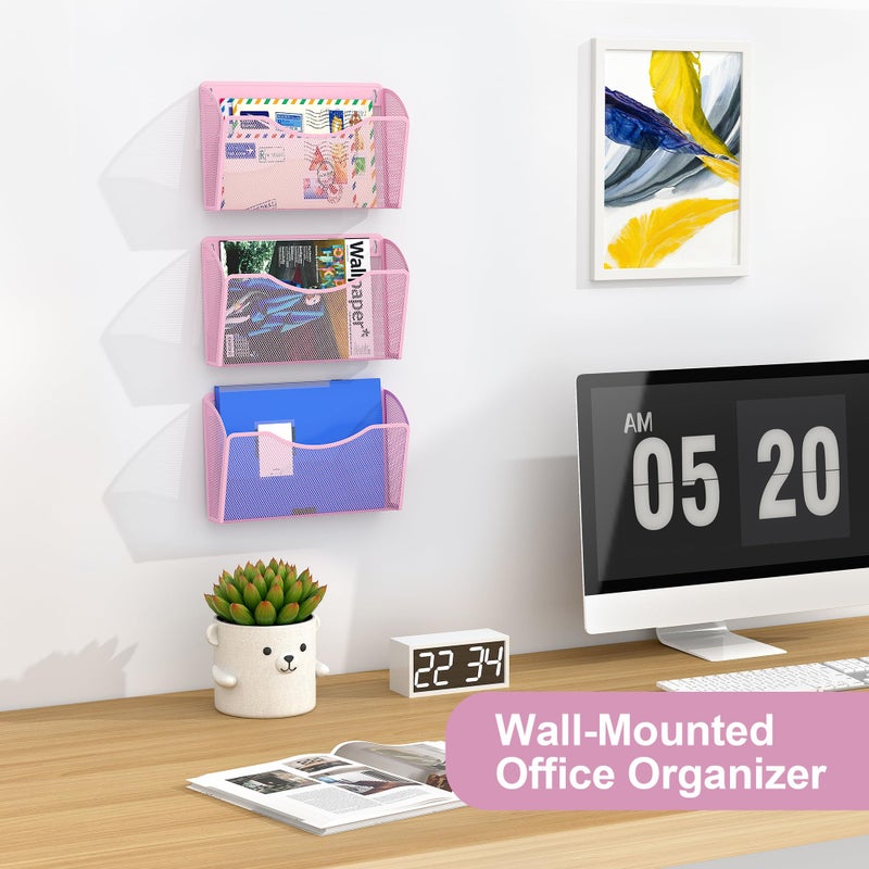 EasyPAG Single Pocket Wall File Organizer, Mesh Hanging File Folder Organizer for Letter/A4 Size Folders, Wall Mounted Vertical Mail Holder for Paperwork, Office, Home, School, Pink - Image 3