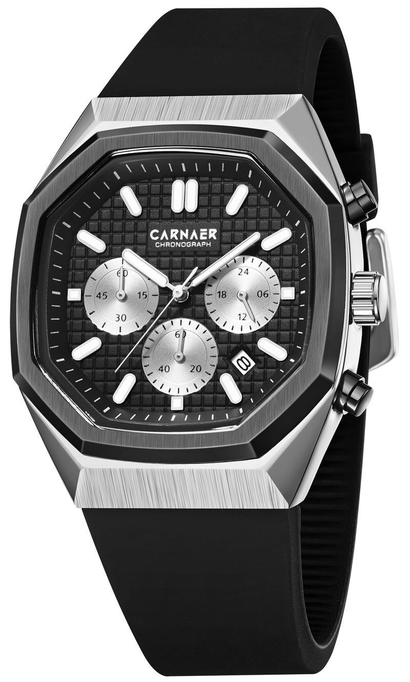 CARNAER Men’s Luxury Chronograph Watch – Octagonal Skeleton Dial, Quartz Movement, Luminous Hands, Rose Gold Zinc Alloy Case, Black Silicone Strap - Image 1