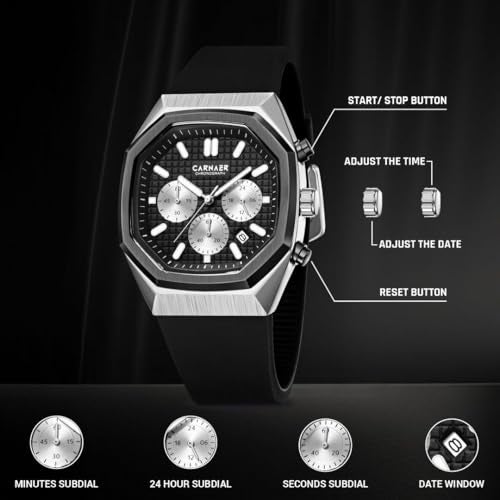 CARNAER Men’s Luxury Chronograph Watch – Octagonal Skeleton Dial, Quartz Movement, Luminous Hands, Rose Gold Zinc Alloy Case, Black Silicone Strap - Image 4