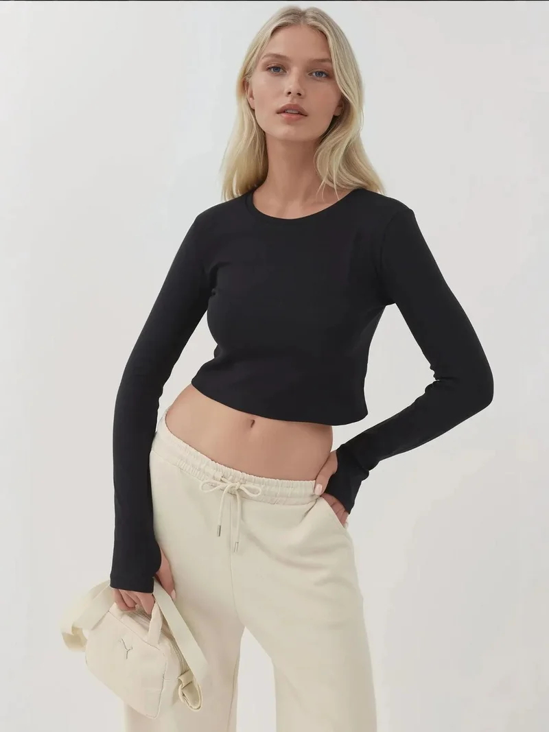 HICCUP Elastic Crew Neck Long Sleeve Crop Top Busem Collection